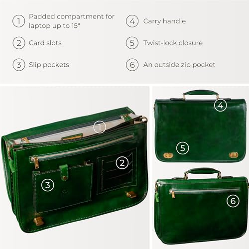 Time Resistance Leather Briefcase for Men - Italian Full Grain Leather Laptop Bag - Messenger Bag - Gift Box Included - color: Green