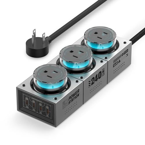 MFish E-Tank 240W GaN Desktop Charging Station, 7-in-1 Desktop Power Hub | 3 AC outlets, 4 USB-C ports, 140W PD 3.1, smart power sharing, RGB lighting - color: 240W Power Strip - Gray