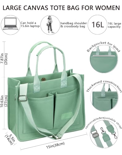 Canvas Tote Bag for Women,Women's Bags Crossbody Bags Work Laptop Tote Bag Large Handbags Purse for Travel Nurse Teacher - color: Green With Compartments