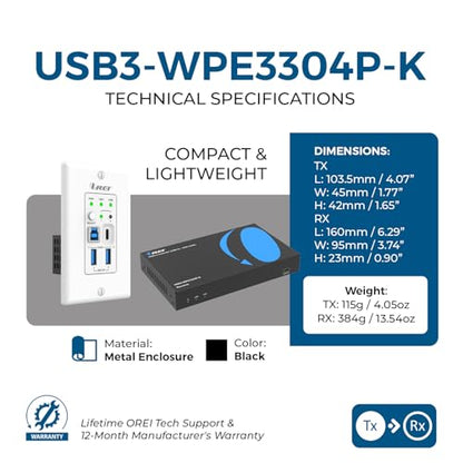 OREI USB Over Cat6 Extender 330ft, Two-Way PoC, RS-232, GPIO Support, Gen 1 | HDMI Over Ethernet with Host Extension, USB Over CAT6 – 5Gbps, Auto/Manual Host Switching, Plug & Play - size: w/ TX Wall Plate