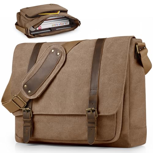SMRITI Vintage Canvas Messenger Bag for 15.6" Laptop Genuine Leather Accent | Large Capacity, Messener Bag for School, Computer Satchel Shoulder Bag for Work Travel, Coffee - color: Coffee