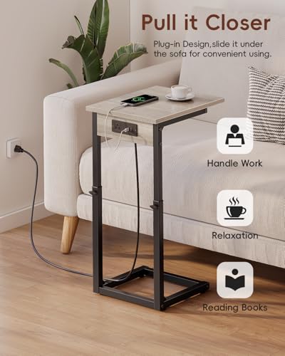 Vagusicc C Shaped End Table with Charging Station, Adjustable Height Side Table for Couch, C Table End Table Couch Table that Slide Under, Sofa Table TV Tray Arm Tables for Living Room, Bedroom, Gray - color: Greige, style: Charging Station