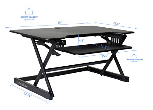Rocelco 38" Height Adjustable Standing Desk Converter with Dual Monitor Mount Bundle - Sit Stand Computer Workstation Riser - Retractable Keyboard Tray Gas Spring - Black (R DADRB-38-DM2)