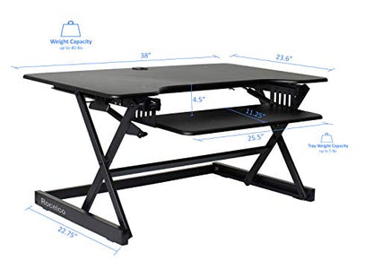 Rocelco 38" Height Adjustable Standing Desk Converter with Dual Monitor Mount Bundle - Sit Stand Computer Workstation Riser - Retractable Keyboard Tray Gas Spring - Black (R DADRB-38-DM2)