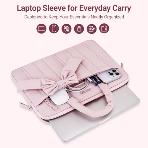 MOSISO Laptop Case 14 inch, 14 inch Puffy Laptop Sleeve Compatible with HP Lenovo Dell ASUS Acer, HP Stream, Dell Latitude, Lenovo IdeaPad, Rectangle Quilted Carrying Bag with Bow&Handle, Pink - color: Pink, size: 14 inch