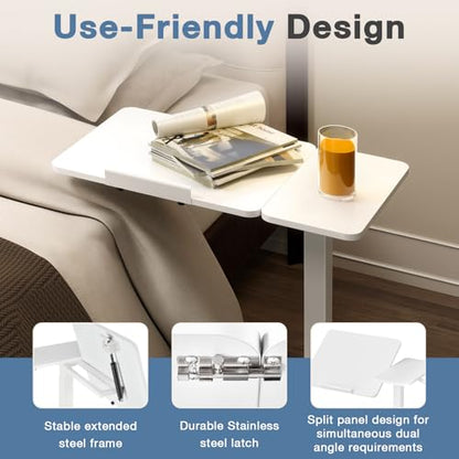 DUMOS Adjustable Bedside Overbed Table with Wheels, White | Laptop Standing Desk with Tilting Top Height, Mobile Rolling Computer Cart for Hospital Home Bedroom Use - color: White, size: 27.5" x 15.7" x 43.3"