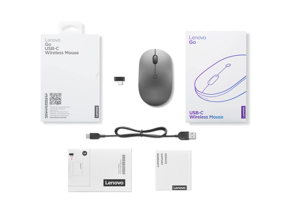 Lenovo Go USB-C Essential Wireless Mouse, 2.4 GHz Nano USB-C Receiver, Adjustable DPI, Rechargeable Battery, Ambidextrous, GY51C21210, Grey - color: Essential