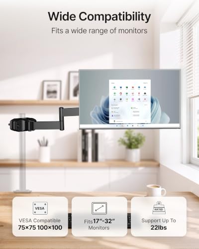 monTEK Universal VESA Steel Pole Mount Full Motion Monitor Arm, Fits 17 to 32 Inch Screens with Removable 75x75/100x100 VESA Plate, Holds Up to 10kg/22lbs, Black Clamp Mount with Cable Management - size: 10.7" Long Arm