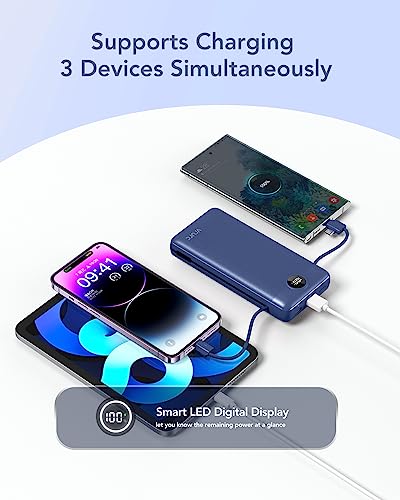 VRURC Portable Charger 20000mAh, Fast Charging Power Bank USB C,4 Output 2 Input Travel Essentials Charging Bank Equipped with LED Display,Built-in Wall Plug and Cables,Phone Charger Battery,Navy - color: Navy