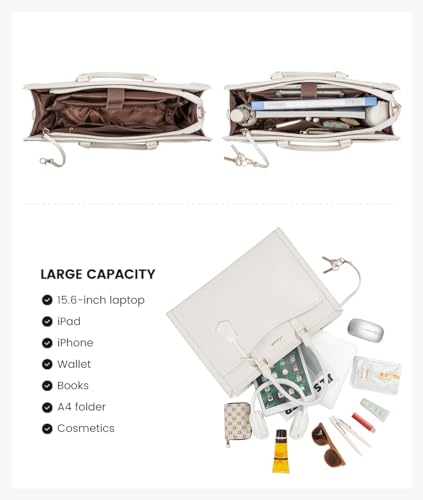 LOVEVOOK Laptop Tote Bag for Women, Leather Office Work Bag Briefcase fit for 15.6 inch Laptop, Large Teacher Computer Bag Handbag,2pcs Set Leather/Beige | PU Leather Business Briefcase Teacher Travel College Bag Handbag fit for 15.6 inch Laptop, Office P