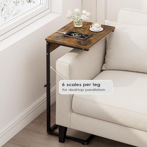 C Shaped End Table with Charging Station, Adjustable Height Side Table for Couch, Small Side Table, 33.2'' Tall Couch Tables that Slide Under, Tv Tray End Table for Living Room, Rustic Brown - color: Rustic Brown (1 Pack), style: With Plug