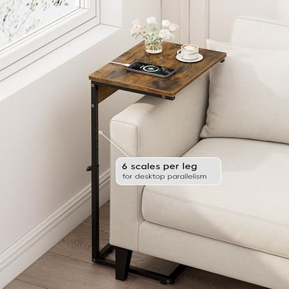 C Shaped End Tables Set of 2 with Charging Station, 33.2'' Tall C Table Adjustable Height Side Table, Small Side Table for Small Spaces, Couch Sofa Table TV Tray for Living Room, Rustic Brown - color: Rustic Brown (2 Pack), style: With Plug