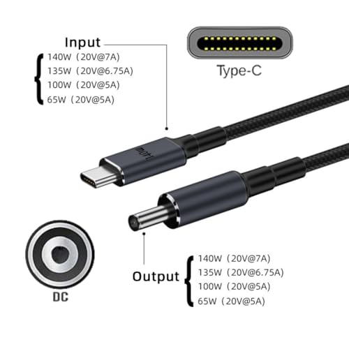 chenyang USB C to DC 5.5x2.1mm 20V Power 65W 100W 135W 140W PD Charge Cable for Laptop - color: Black 140W 5.5x2.1MM