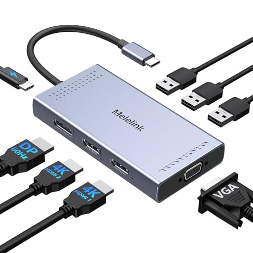 USB C Docking Station Dual HDMI Monitor Adapter, Melelink USB C Hub 3 Monitors Adapter with 2x HDMI 4K,Displayport,VGA,100W PD Charging,3 USB2.0, 8 in 1 Laptop Docking Station for Dell, HP, Lenovo,etc - color: Silver 8 Port USB C Docking Station