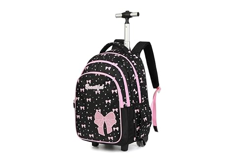Women Large Rolling travel Backpack for kids, Wheeled Backpack with Adjustable Shoulder Straps, Nylon Book Bag 3pc Set (BOWKNOT BLACK) - color: Bowknot Black