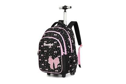 Women Large Rolling travel Backpack for kids, Wheeled Backpack with Adjustable Shoulder Straps, Nylon Book Bag 3pc Set (BOWKNOT BLACK) - color: Bowknot Black