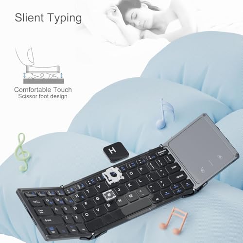 ROCK&ROWN Foldable Bluetooth Keyboard with Full-Size Touchpad,Portable Wireless Ultra Slim Pocket-Size Keyboard,USB-C Rechargeable for Android Windows iOS Tablet & Laptop - Black