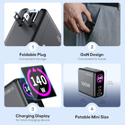 GaN Dual 140W USB C PD 3.1 Wall Charger with LED Display - PPS 100W 65W 45W 25W Type-C Laptop Power Adapter and Cable - Fit for MacBook Pro iPhone 17 16 15 iPad Galaxy S25 S24 Pixel - ETL