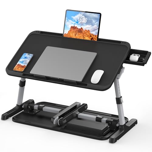 HETTHI Laptop Bed Tray Table, Adjustable Sturdy Laptop Stand for Bed with Premium Materials, Folding Portable Lap Desk with Drawer for Writing Working Reading Eating Couch Floor (Black, 22.04"×12.2") - color: Black, size: Large 22.04×12.2in