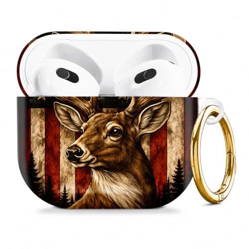 Compatible with AirPod 4 Case 2024, Cute Hard Plastic Protective Cover for Airpod 4th Generation Women, Shockproof Shell Skin with Gold Ring Keychain,American Flag Deer Forest - color: American Flag Deer Forest