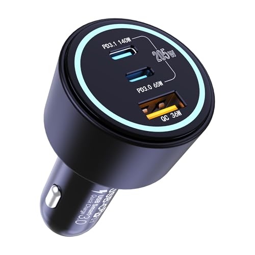 205W USB C Car Charger - 3-Ports, PD3.1 140W | PPS/QC3.0 Fast Charging, Type C Laptop Cigarette Lighter Adapter for MacBook Pro, iPhone 17/16 Pro Max