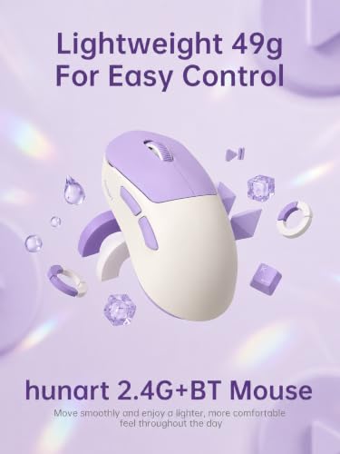 hunart H6 49g Wireless Mouse, Bluetooth & 2.4GHz, USB-C Charging, Purple | Silent Clicks, Two Ways to Connect, Right-Hand Ergonomic Comfort, Portable for Laptop, MacBook, PC & Tablet - color: Cream Purple