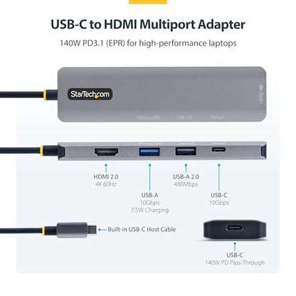 StarTech 5-in-1 USB-C Hub, USB-C to HDMI, 4K 60Hz, 140W PD, MacBook Dell HP | 140W Power Delivery charging, Plug-and-play deployment, AI-ready laptops, Thinkpad, Compact, Hybrid teams, Fewer dongles - style: 140W