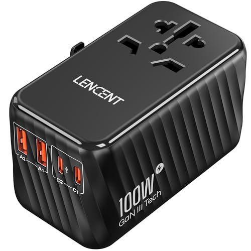 LENCENT Universal Travel Adapter, 100W GaN International Fast Charger with 2 PD3.0 Type C+2 QC USB A, Worldwide Power Adaptor for Phones,Laptops, All in One Travel Essentials for EU/USA/UK/AU, Black - color: Black