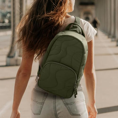 tomtoc 10L Puffy Sling Backpack with Padded Compartment for MacBook Neo A18 | Lightweight Quilted Crossbody Bag for 11-inch iPad Air/Pro, Nintendo Switch 2, Puffer Travel Chest Daypack for Women Girls - color: Greenlands