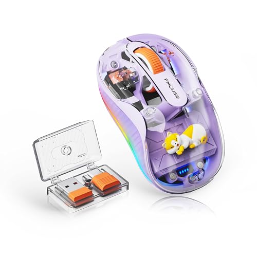 FMOUSE Cute Transparent Mouse, Tri-Mode Wireless, Rechargeable, Purple | USB-A & USB-C Receivers | 2.4G & Dual Bluetooth | Cat Figurine | Silent Click | RGB | For MAC, iPad, Laptop - color: Purple