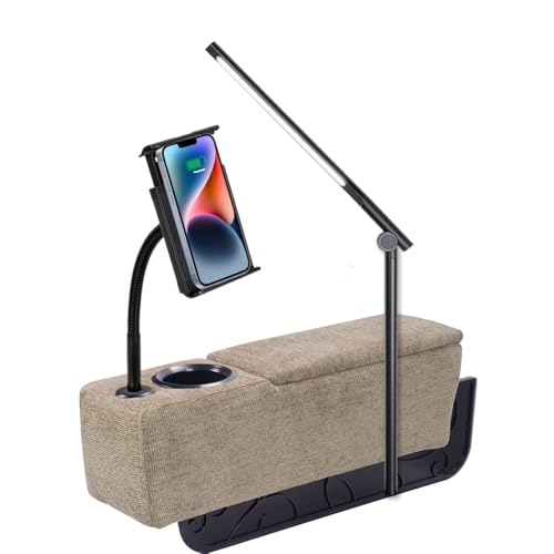 Multifunctional Sofa Armrest, Couch Armrest with Wireless Charge Stand, Removable Couch Caddy with Storage,Including LED Reading Light - color: Latte, size: Fabric-1 CUP