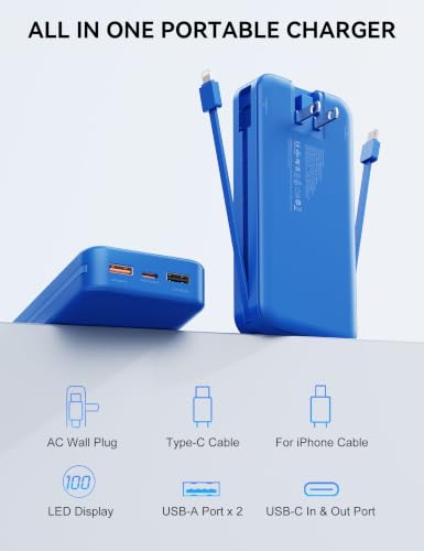 Nusyddy Portable Charger 20000mAh Fast Charging w/Built-in Wall Plug Navy | PD20W Fast Charging, High Capacity, LED Display, Charge 5 Devices at once, TSA Approved, Compatible with iPhone/Samsung - color: Midnight Blue