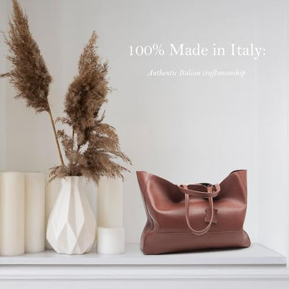 Italian Leather Tote Bag for Women - Large Shoulder Shopper, Fits 16” Laptop, Keychain Holder, Made in Italy - color: Chocolate Brown