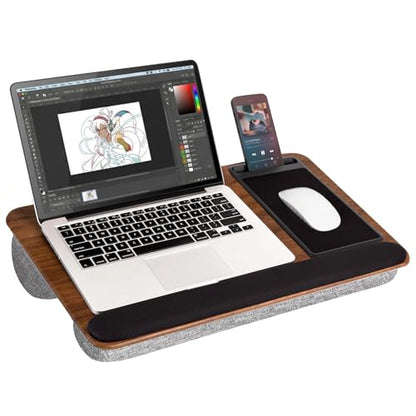 Cyberguys Comfort Lap Desk for Laptop up to 15.6 in – Black with Saddletan Wood Overlay with Mouse Pad, Phone & Tablet Slot, Dual Cushion Base, Wrist Rest & Carry Handle for Bed Desk Couch Sofa - color: Black With Saddletan Wood Overlay