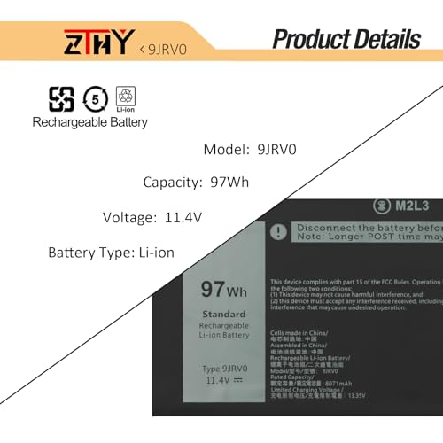 9JRV0 Battery Replacement for Dell Latitude 5521 5531 Precision 3561 3571 | 3581 3591 Alienware m17 R5 AMD/ Alienware m18 R1 R2/ Alienware m18 R1 AMD Laptop Series 0P3TJ 05RGW 53XP7 11.4V 97Wh 8071mAh - size: 13.78*3.50*0.32 inch 9JRV0