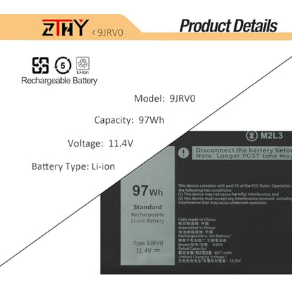 9JRV0 Battery Replacement for Dell Latitude 5521 5531 Precision 3561 3571 | 3581 3591 Alienware m17 R5 AMD/ Alienware m18 R1 R2/ Alienware m18 R1 AMD Laptop Series 0P3TJ 05RGW 53XP7 11.4V 97Wh 8071mAh - size: 13.78*3.50*0.32 inch 9JRV0