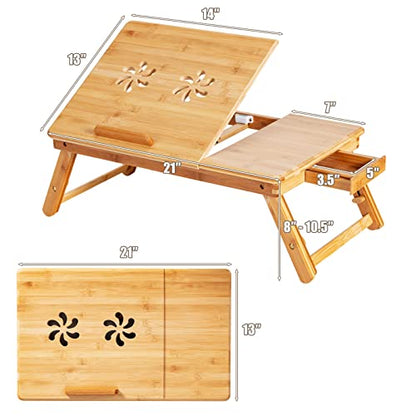 Tangkula Laptop Desk w/Heat-Dissipation Holes, Height Adjustable Bed Table | Folding Breakfast Serving Bed Tray, Tilting Top & Drawer, 100% Bamboo, Surfing Reading Writing Eating