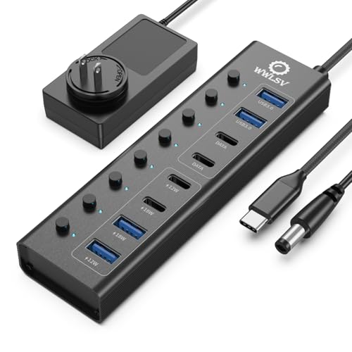 Powered USB Hub, 8-Port USB 3.0 Splitter with 4 Fast Data Ports (2 USB-A 3.0 & 2 USB-C), 4 Charging Ports, 65W Power Adapter, Individual On/Off Switches, USB Power Hub for Laptop/PC
