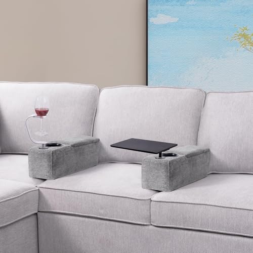 Multifunctional Sofa Armrest, Couch Armrest with Wireless Charge Stand, Removable Couch Caddy with Storage,Including LED Reading Light - color: Pewter, size: Fabric-1 CUP