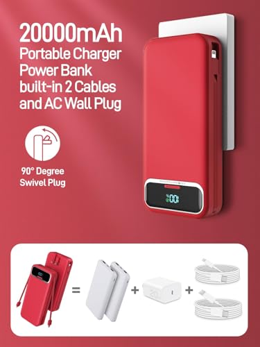 Nusyddy Portable Charger 20000mAh Fast Charging w/Built-in Wall Plug Red | 22.5W Fast Charging, High Capacity, LED Display, Charge 5 Devices at once, TSA Approved, Compatible with iPhone/Samsung - color: Crimson