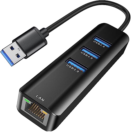 USB to Ethernet Adapter, ABLEWE 3 Ports USB 3.0 Hub with RJ45 1Gbps Gigabit Ethernet Adapter, for MacBook Air 2017, iMac, XPS, Surface Pro, Linux, Chromebook, Notebook and More - Black - color: Black