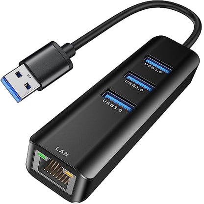USB to Ethernet Adapter, ABLEWE 3 Ports USB 3.0 Hub with RJ45 1Gbps Gigabit Ethernet Adapter, for MacBook Air 2017, iMac, XPS, Surface Pro, Linux, Chromebook, Notebook and More - Black - color: Black