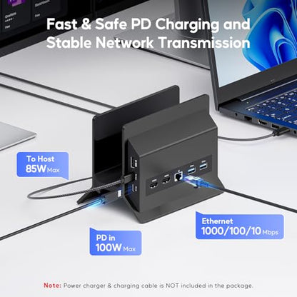 USB C Laptop Docking Station Dual Monitor, 11 in 1 Vertical Dock with 2 HDMI 4K, 3 USB A/C 10Gbps, 2USB-A 5Gbps, USB A 2.0, Ethernet, Docking Station Stand for Type-C Laptops - Black