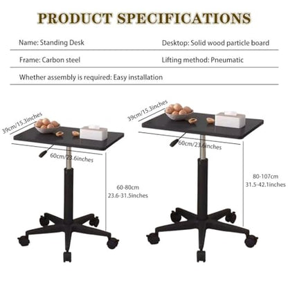 Height Adjustable Standing Table, Large Portable Laptop Desk with Wheels, Home Mobile Sofa Side Table, Easy Assemble Computer Desk(Black,60 * 39 * 60-80cm) - color: Black, size: 60*39*60-80cm