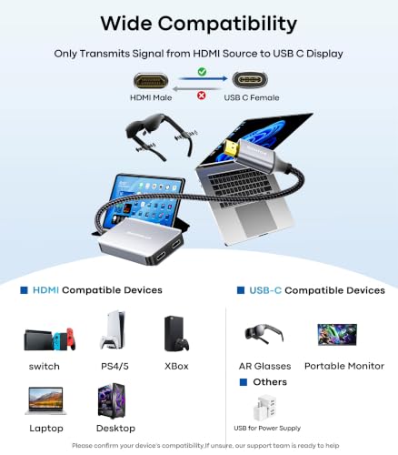 AR Glasses HDMI to USB C Adapter, 45W PD Play&Charge | 4K@60Hz Video Converter for XREAL, RayNeo and VITURE, Compatible with Switch, Portable Monitor, PS5, Xbox and Laptops