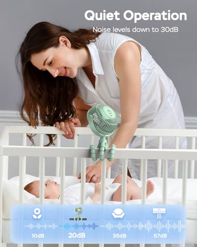 AMACOOL Baby Stroller Fan - 5000mAh Rechargeable, 3-Speed, Strong Yet Quiet, 360°Rotate Portable Clip on Fan for Travel, Car Seat, Crib, Bike, Treadmill, Beach Vacation Essentials - color: Green