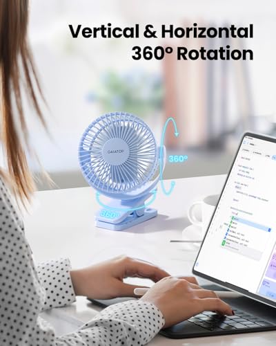 Gaiatop Portable Clip on Fan, Mini Personal Rechargeable Fan | Battery Operated, Small 3 Speed Quiet 360° Rotate, Cooling for Desk Table Home Office Stroller Camping Women Gifts Light Blue - color: light Blue