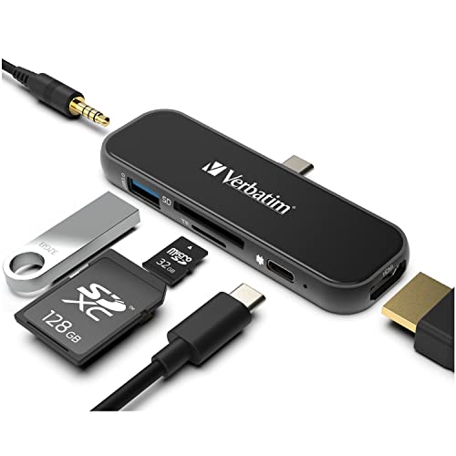 Verbatim 6-in-1 USB C Hub - Type C Hub w/ 100W PD, USB 3.0, SD Card Readers, 4K HDMI, 3.5mm Audio USB Hub for Laptop, Portable & Compact USB-C Hub - color: 6 in 1 Hub