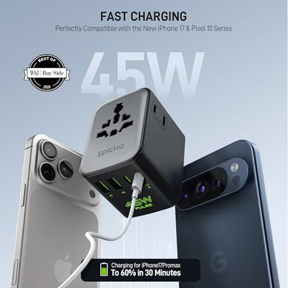 Epicka Pulse Duo 45W Universal Travel Adapter PD/QC 3.0, 2AC/2USB-C/2USB-A | International Power Adapter for EU/US/UK/AU, Fast-Charging for Multi-Device Use, Black - style: Pulse Duo 45W Black