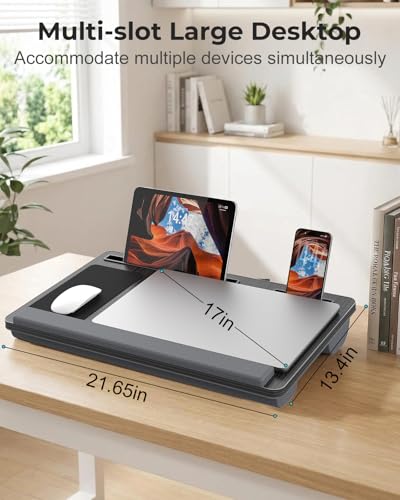 Potuopy Lap Desk Combo, Adjustable Foldable Bed Tray Table with Storage Drawer & Wood Grain Surface, Laptop Stand with Cushion, Wrist Pad, 2 Upgraded Mouse Pads, Tablet & Phone Slots, Supports 17" Lap